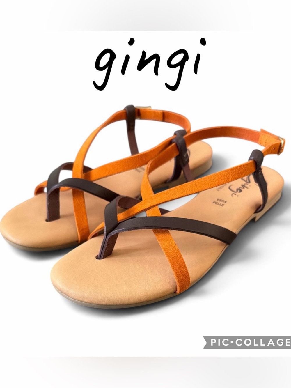 GINGI Italian Leather Thong Toe Sandals orange brown size 6.5 New in box